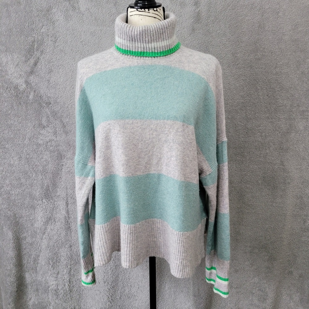 J. Crew wool blend striped turtleneck sweater supersoft yarn mint grey XL preppy